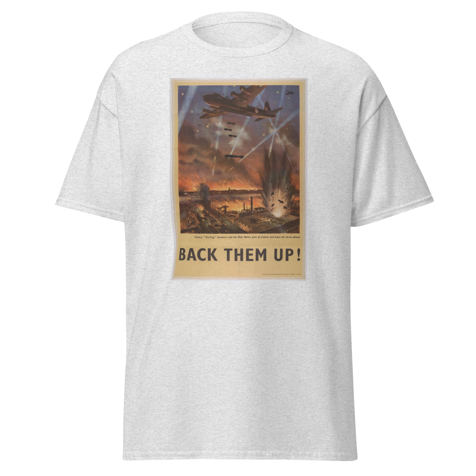 Unisex black t-shirt featuring vintage Back Them Up poster artwork printed across the front