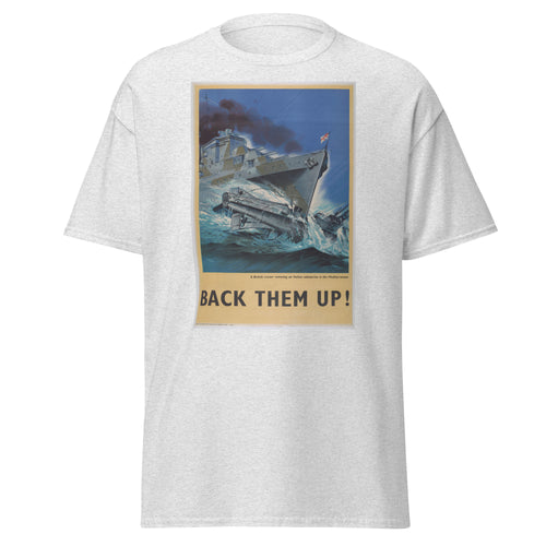 Unisex heather gray t-shirt featuring vintage Back Them Up poster artwork printed across the front