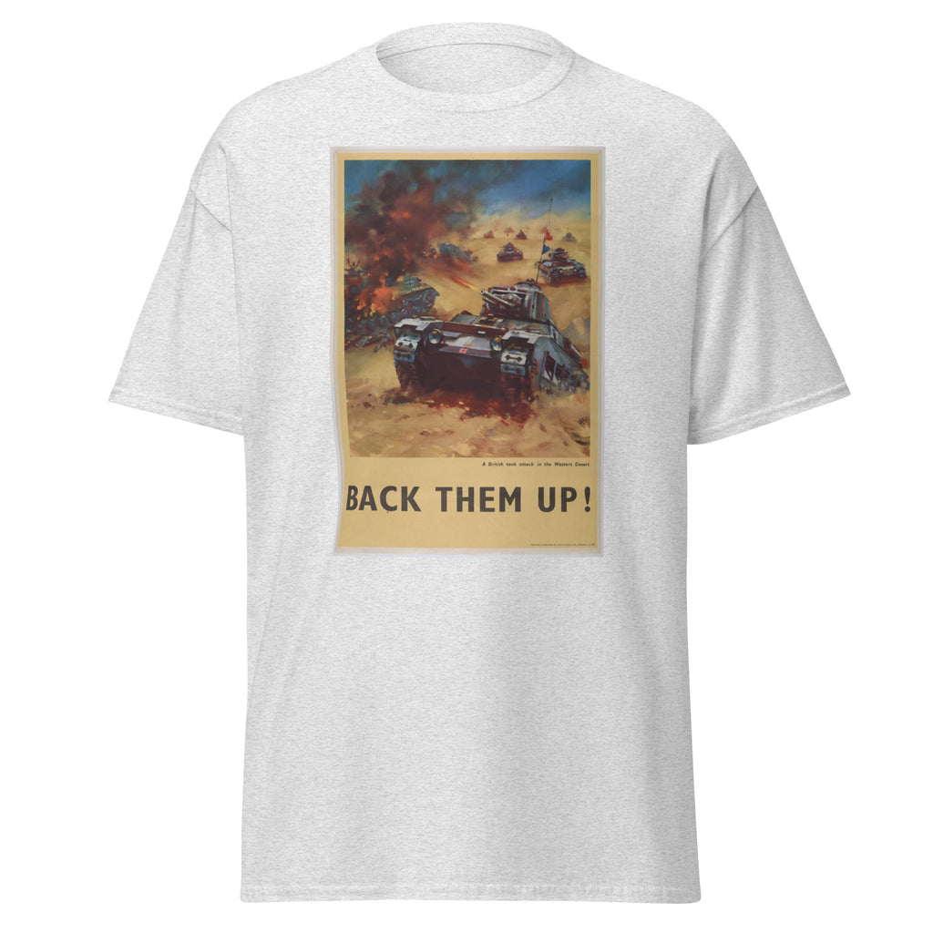 Unisex black t-shirt featuring vintage Back Them Up poster artwork printed across the front