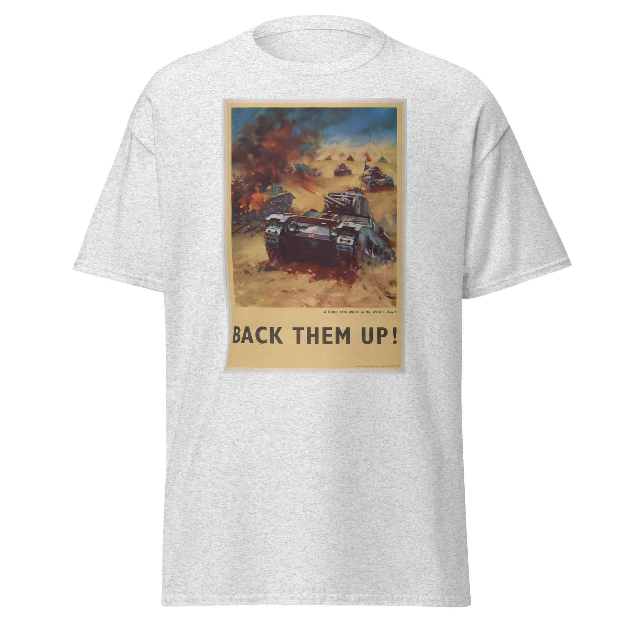 Unisex black t-shirt featuring vintage Back Them Up poster artwork printed across the front