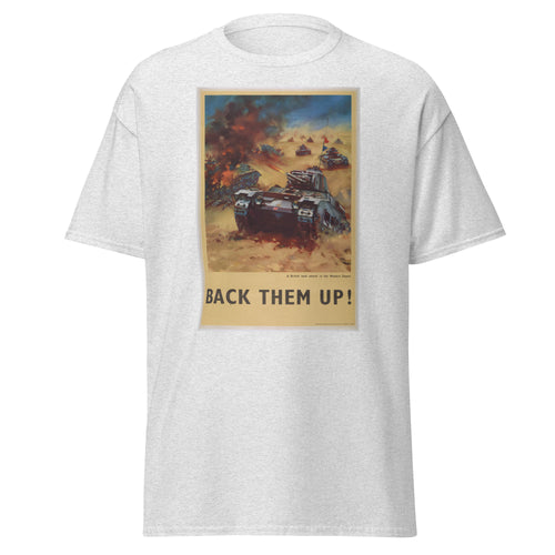 Unisex black t-shirt featuring vintage Back Them Up poster artwork printed across the front