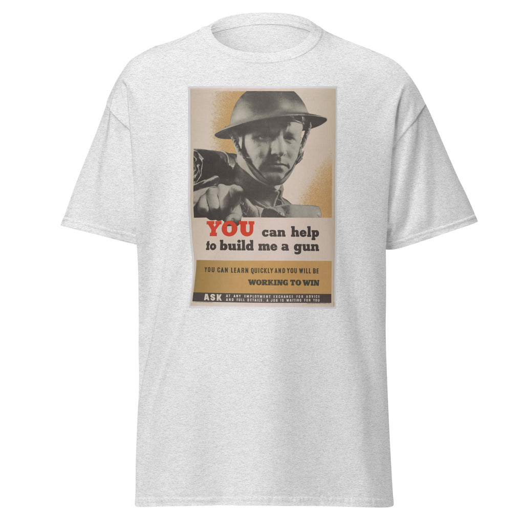 Unisex black t-shirt featuring vintage Build Me a Gun poster artwork printed across the front