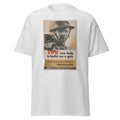 Unisex black t-shirt featuring vintage Build Me a Gun poster artwork printed across the front
