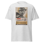Unisex black t-shirt featuring vintage Build Me a Gun poster artwork printed across the front