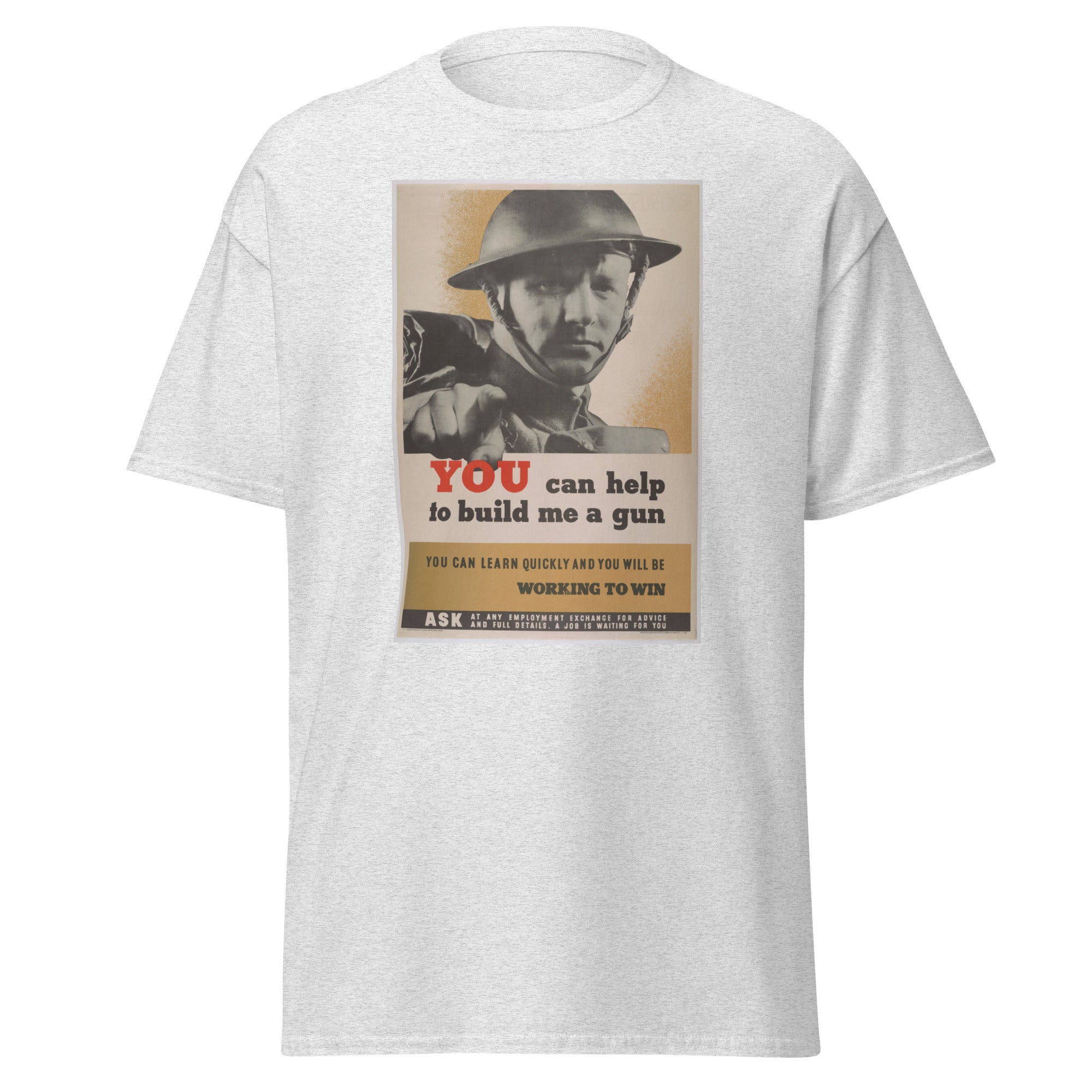 Unisex black t-shirt featuring vintage Build Me a Gun poster artwork printed across the front