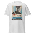 Unisex heather gray t-shirt featuring vintage Build Me a Ship poster artwork printed across the front