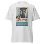 Unisex heather gray t-shirt featuring vintage Build Me a Ship poster artwork printed across the front