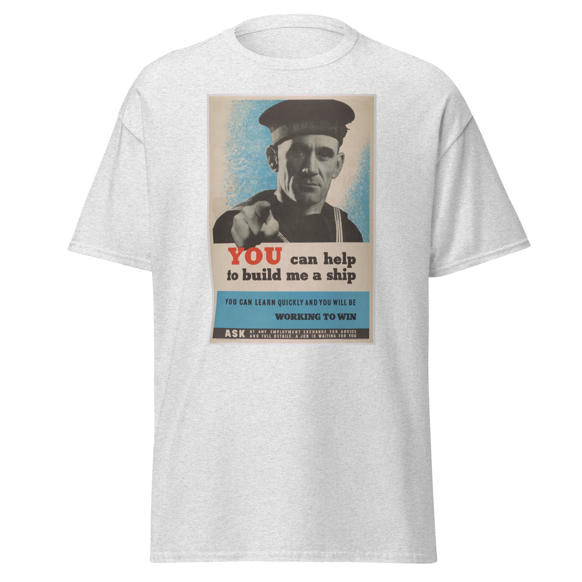 Unisex heather gray t-shirt featuring vintage Build Me a Ship poster artwork printed across the front