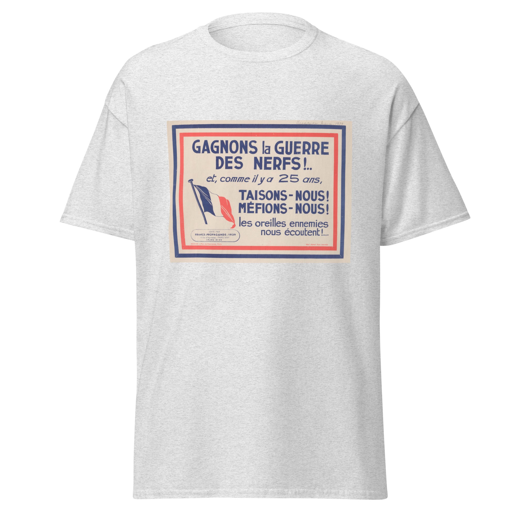 Unisex heather gray t-shirt featuring vintage Gagnons La Guerre Des Nerfs poster artwork printed across the front