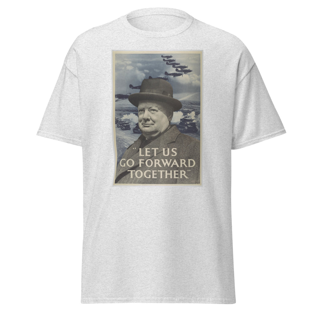 Unisex heather gray t-shirt featuring vintage Let US Go Forward Together poster artwork printed across the front
