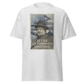 Unisex heather gray t-shirt featuring vintage Let US Go Forward Together poster artwork printed across the front