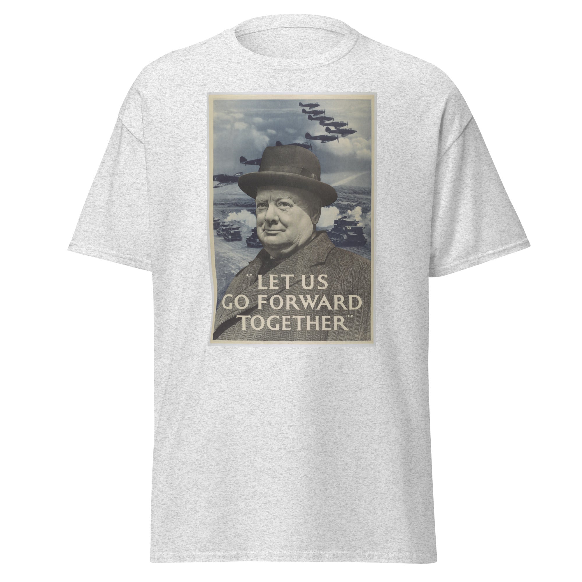 Unisex heather gray t-shirt featuring vintage Let US Go Forward Together poster artwork printed across the front