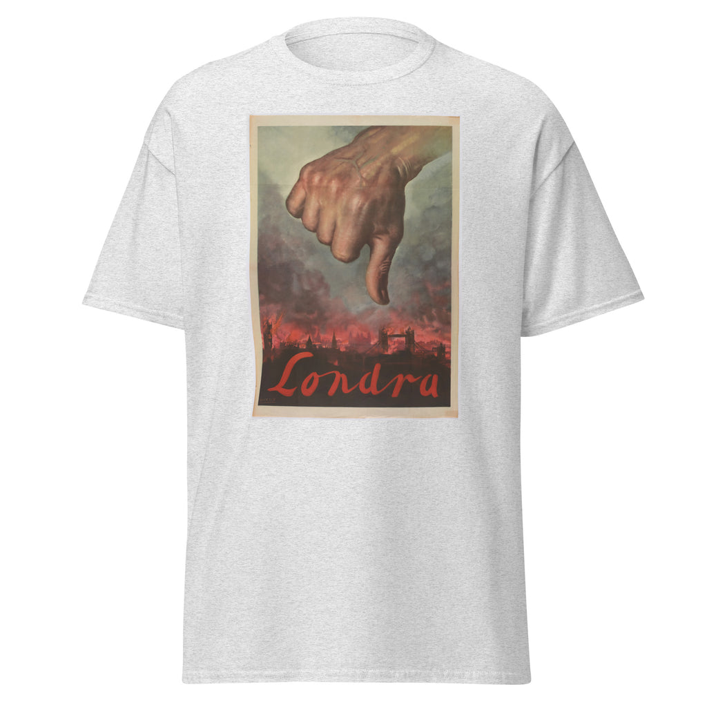 Unisex black t-shirt featuring vintage Londra poster artwork printed across the front