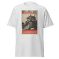 Unisex black t-shirt featuring vintage Mightier Yet poster artwork printed across the front