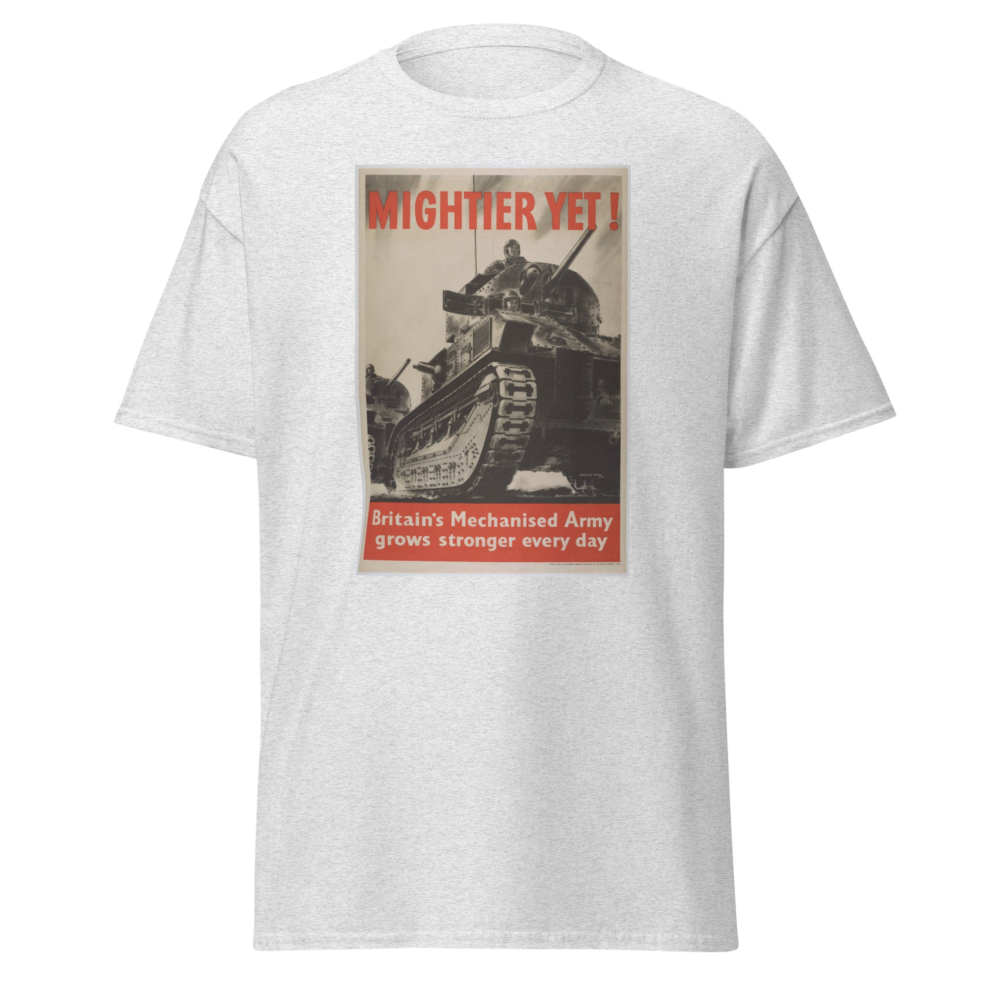 Unisex black t-shirt featuring vintage Mightier Yet poster artwork printed across the front