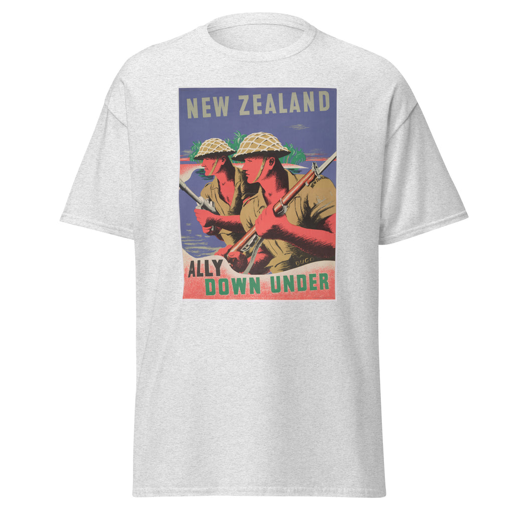 Unisex heather gray t-shirt featuring vintage New Zealand WWII poster artwork printed across the front