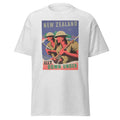 Unisex heather gray t-shirt featuring vintage New Zealand WWII poster artwork printed across the front