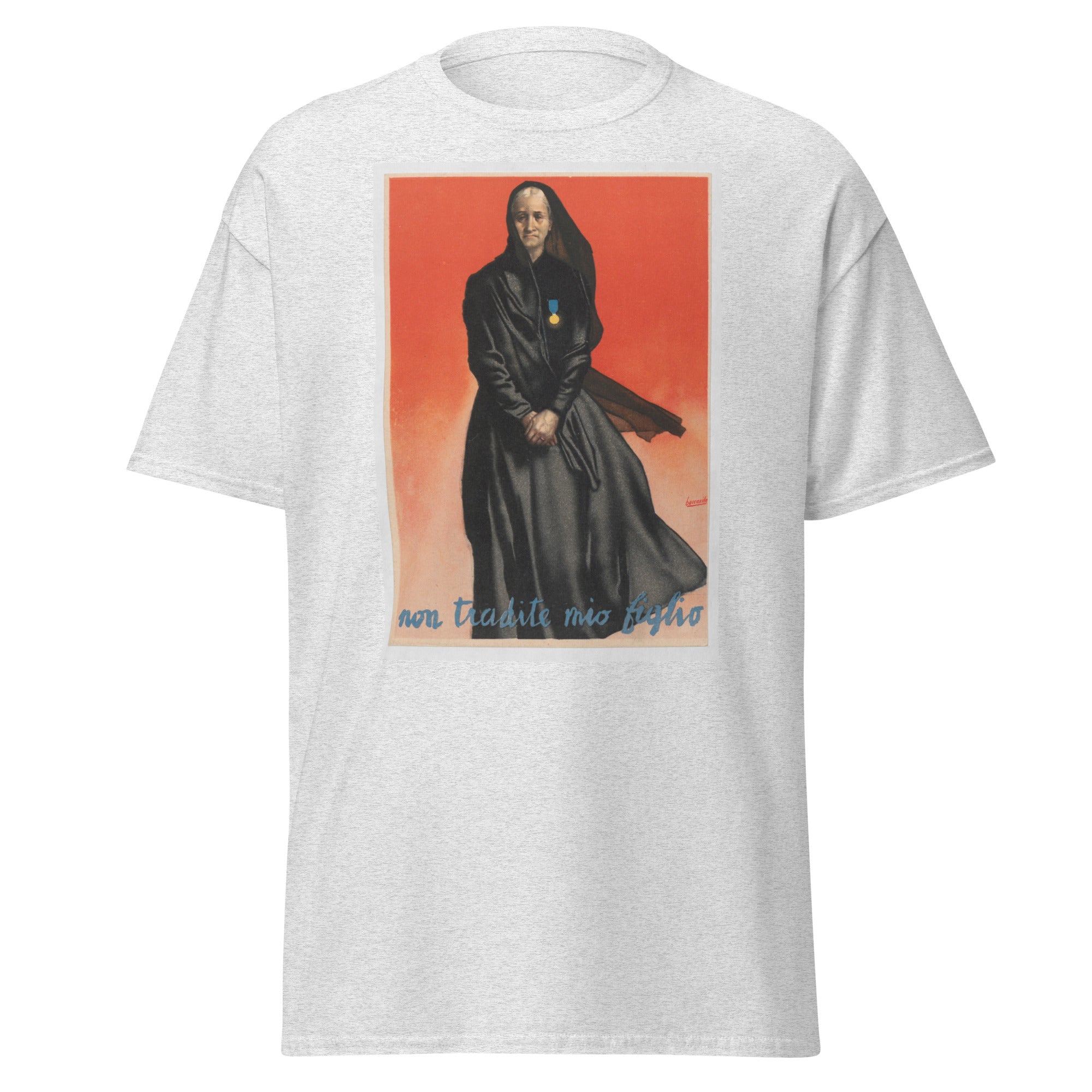 Unisex heather gray t-shirt featuring vintage Non Tradite Mio Figlio poster artwork printed across the front
