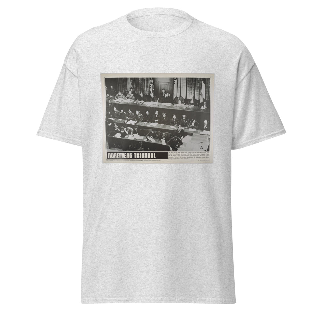Unisex heather gray t-shirt featuring vintage Nuremberg Tribunal poster artwork printed across the front
