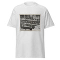 Unisex heather gray t-shirt featuring vintage Nuremberg Tribunal poster artwork printed across the front