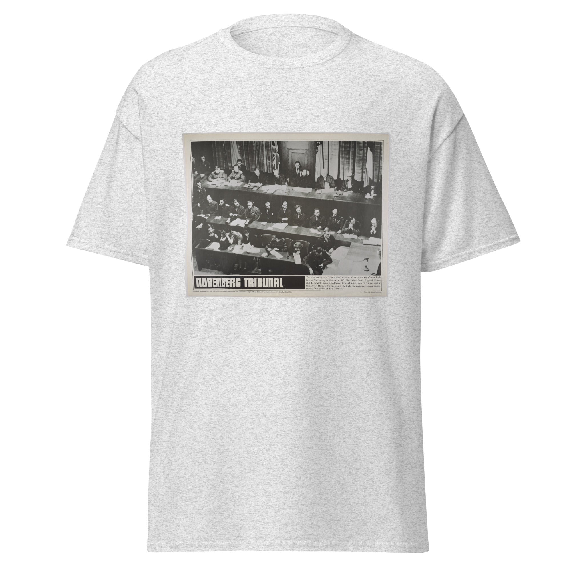 Unisex heather gray t-shirt featuring vintage Nuremberg Tribunal poster artwork printed across the front