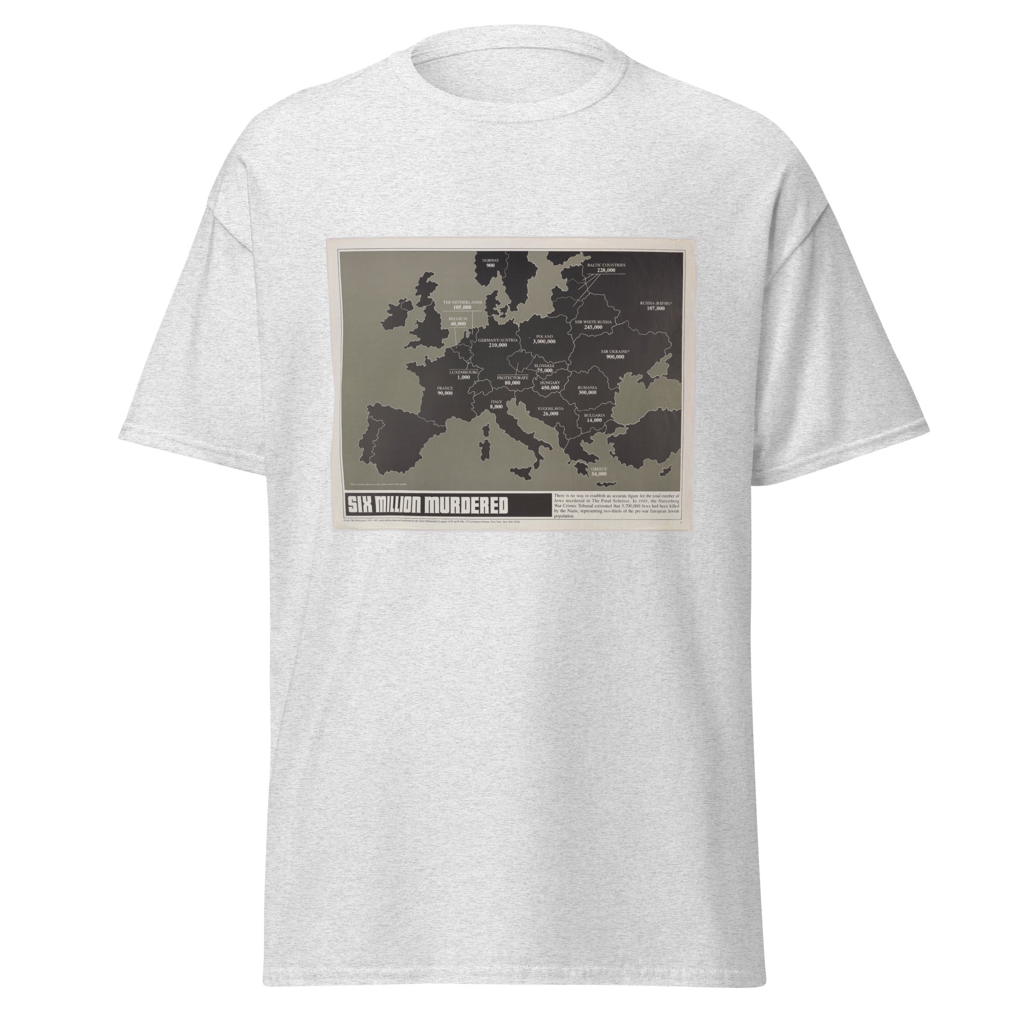 Unisex heather gray t-shirt featuring vintage Six Million poster artwork printed across the front