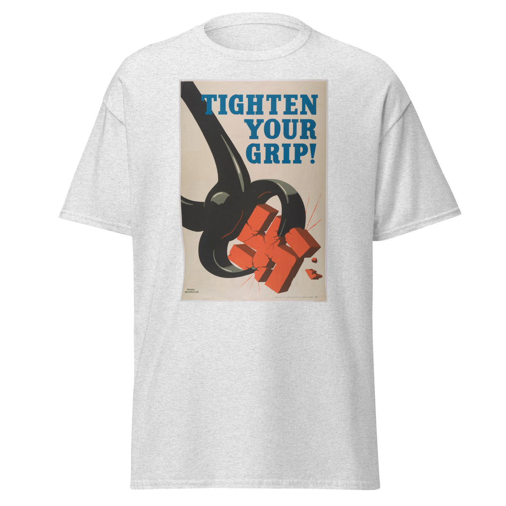 Unisex black t-shirt featuring vintage Tighten Your Grip poster artwork printed across the front