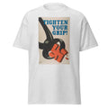 Unisex black t-shirt featuring vintage Tighten Your Grip poster artwork printed across the front