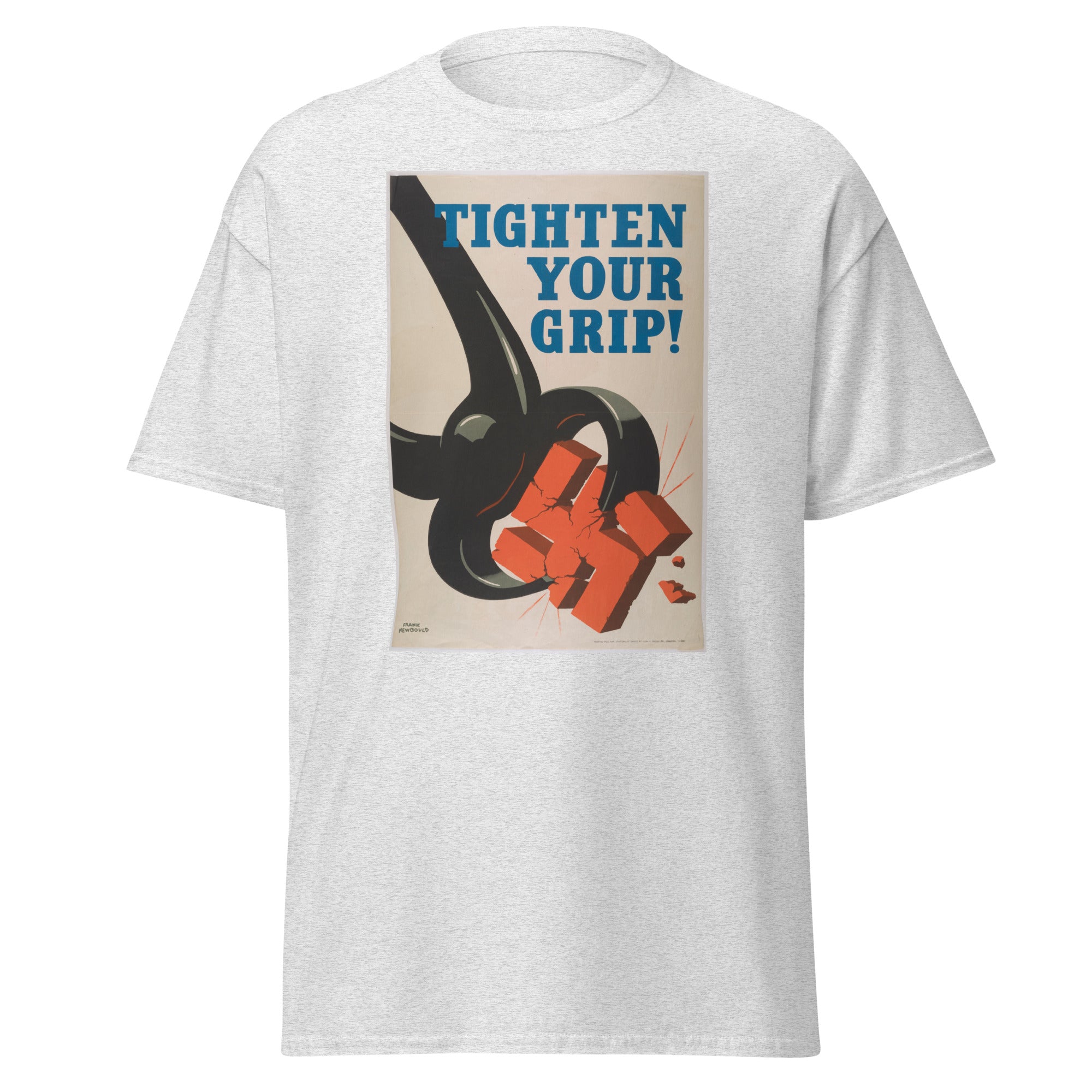 Unisex black t-shirt featuring vintage Tighten Your Grip poster artwork printed across the front