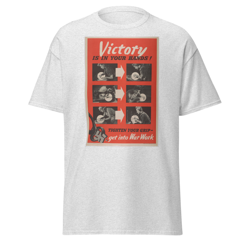 Unisex black t-shirt featuring vintage War Work poster artwork printed across the front
