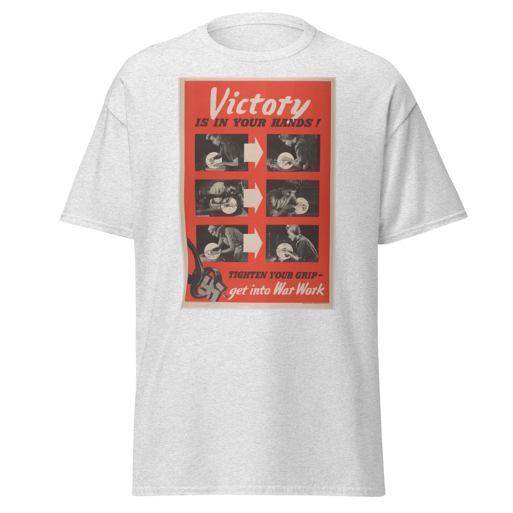 Unisex black t-shirt featuring vintage War Work poster artwork printed across the front