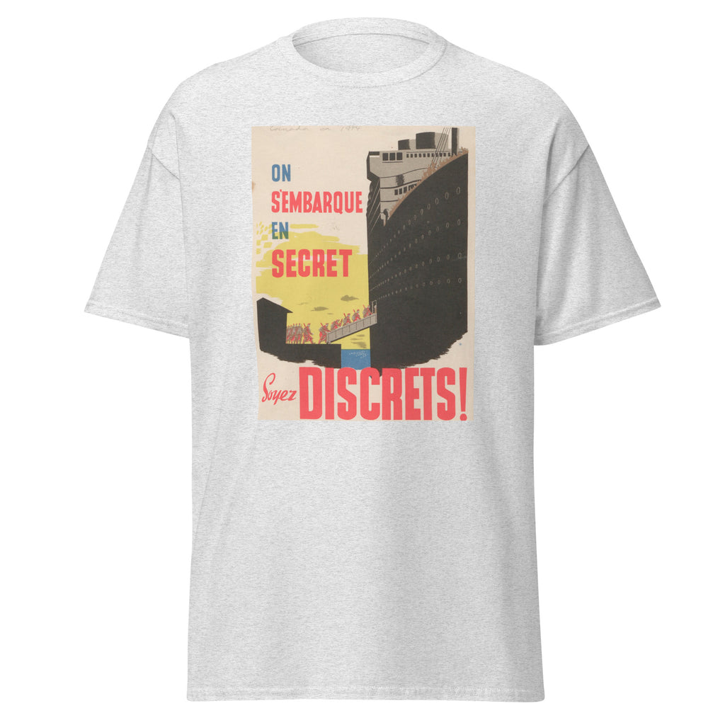 Unisex heather gray t-shirt featuring vintage We Sailed Secretly poster artwork printed across the front