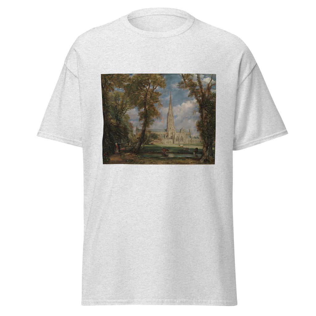 Unisex t-shirt featuring John Constable 'Salisbury Cathedral from the Bishop’s Grounds' artwork, shown in Ash, front view, sizes S–5XL