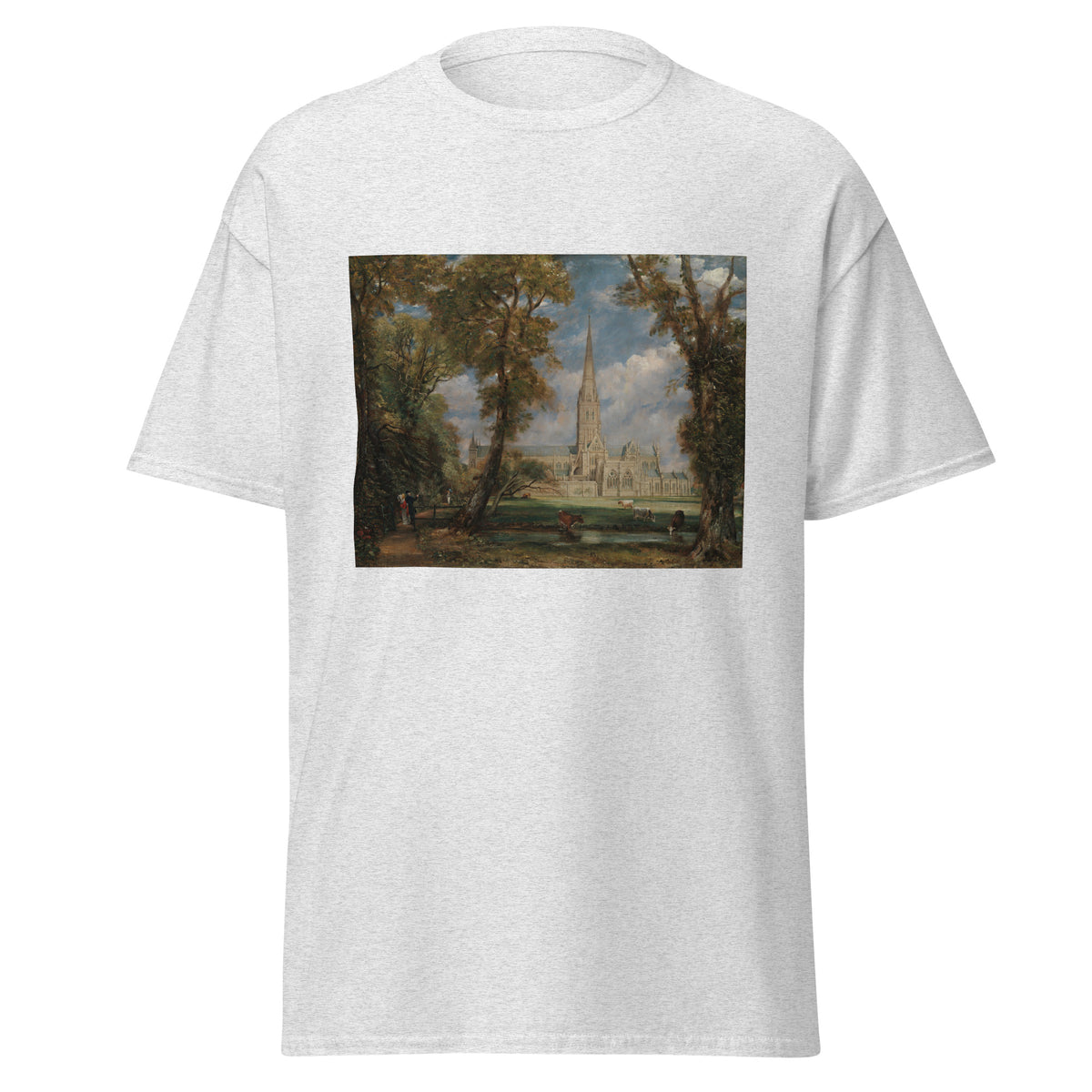 Unisex t-shirt featuring John Constable 'Salisbury Cathedral from the Bishop’s Grounds' artwork, shown in Ash, front view, sizes S–5XL