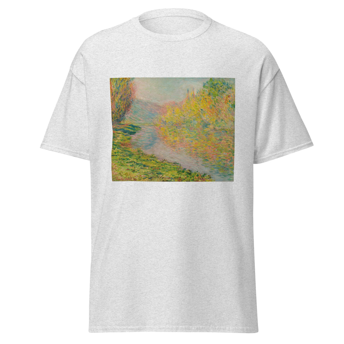 Unisex t-shirt featuring Claude Monet 'Automne À Jeufoss' artwork, shown in Ash, front view, sizes S–5XL