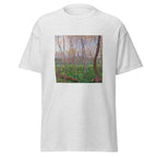 Unisex t-shirt featuring Claude Monet 'Bennecourt' artwork, shown in Ash, front view, sizes S–5XL