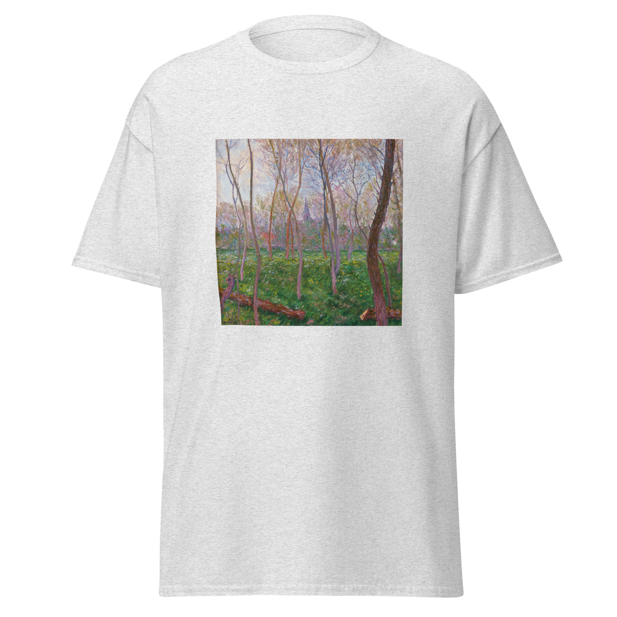 Unisex t-shirt featuring Claude Monet 'Bennecourt' artwork, shown in Ash, front view, sizes S–5XL