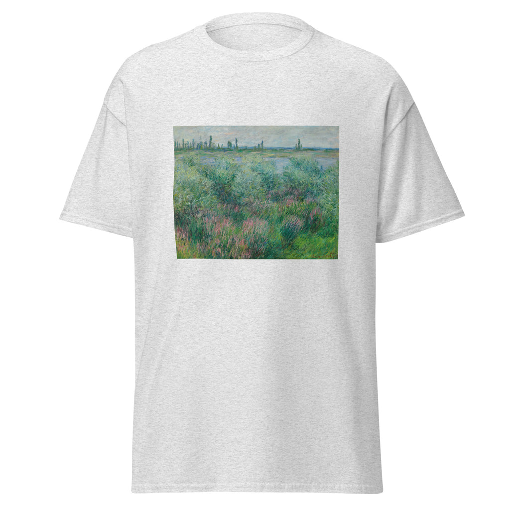 Unisex t-shirt featuring Claude Monet 'Berges De La Seine Près De Vétheuil' artwork, shown in Ash, front view, sizes S–5XL