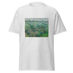 Unisex t-shirt featuring Claude Monet 'Berges De La Seine Près De Vétheuil' artwork, shown in Ash, front view, sizes S–5XL