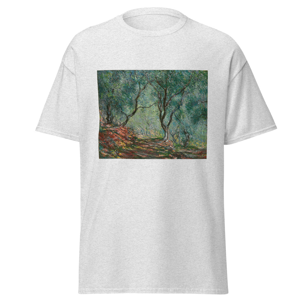 Unisex t-shirt featuring Claude Monet 'Bois d’oliviers au jardin Moreno' artwork, shown in Ash, front view, sizes S–5XL