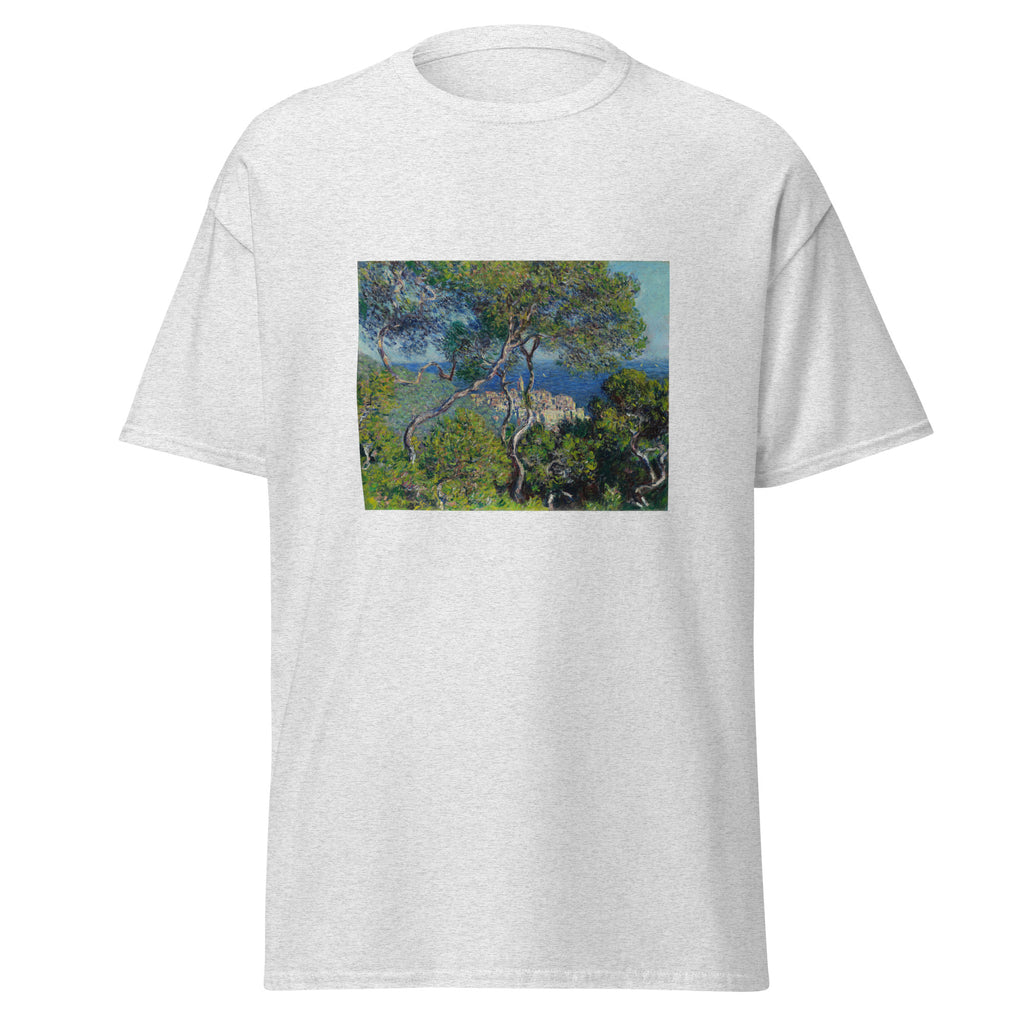 Unisex t-shirt featuring Claude Monet 'Bordighera' artwork, shown in Ash, front view, sizes S–5XL