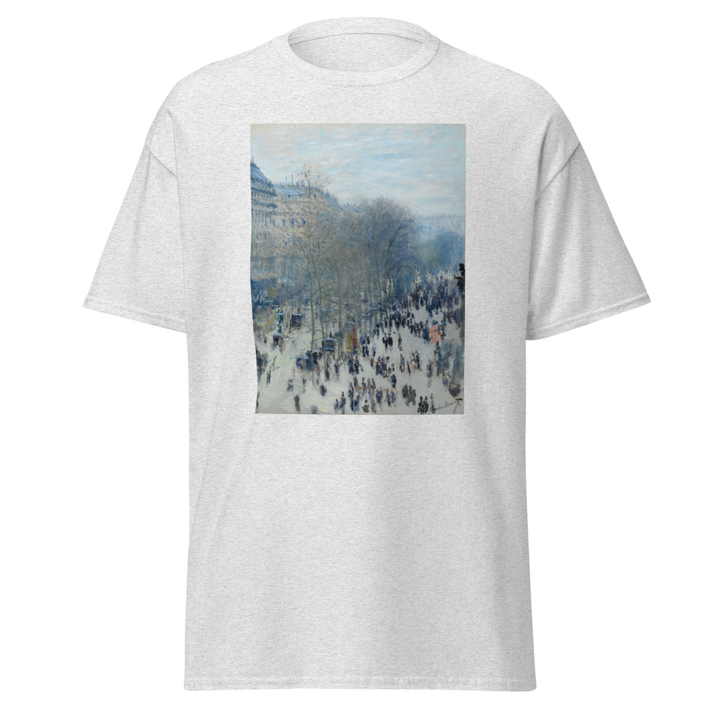 Unisex t-shirt featuring Claude Monet 'Boulevard des Capucines' artwork, shown in Ash, front view, sizes S–5XL