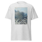 Unisex t-shirt featuring Claude Monet 'Boulevard des Capucines' artwork, shown in Ash, front view, sizes S–5XL