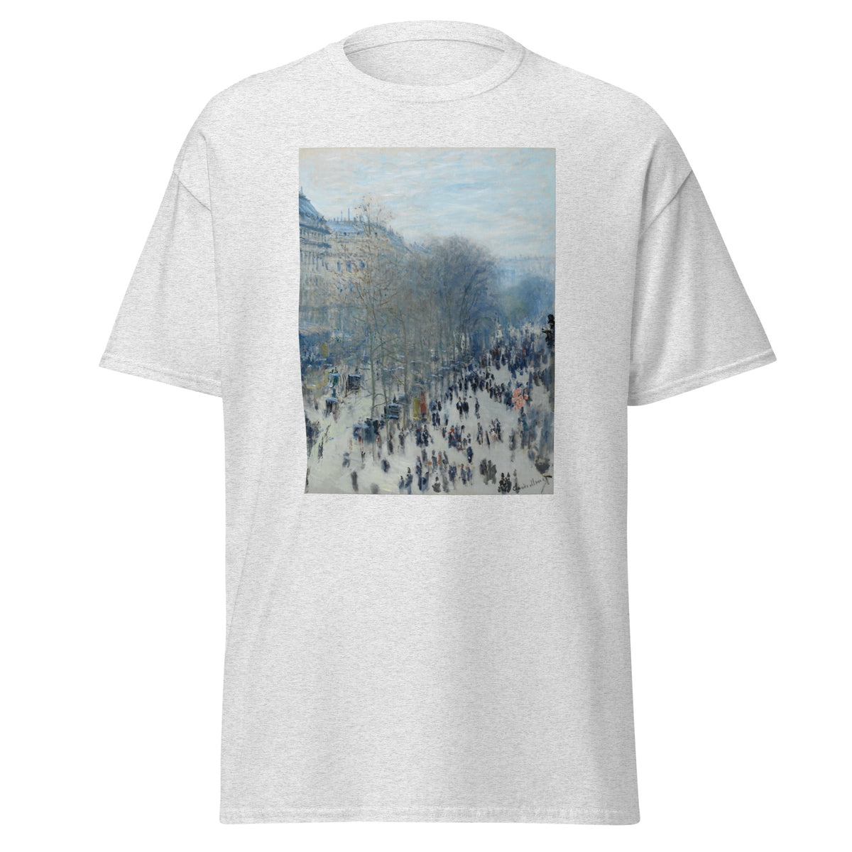 Unisex t-shirt featuring Claude Monet 'Boulevard des Capucines' artwork, shown in Ash, front view, sizes S–5XL