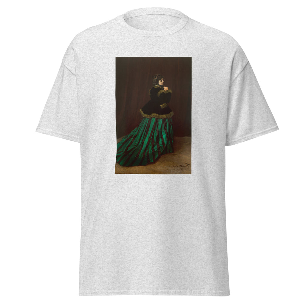 Unisex t-shirt featuring Claude Monet 'Camille' artwork, shown in Ash, front view, sizes S–5XL