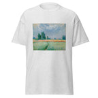 Unisex t-shirt featuring Claude Monet 'Champ De Blé' artwork, shown in Ash, front view, sizes S–5XL