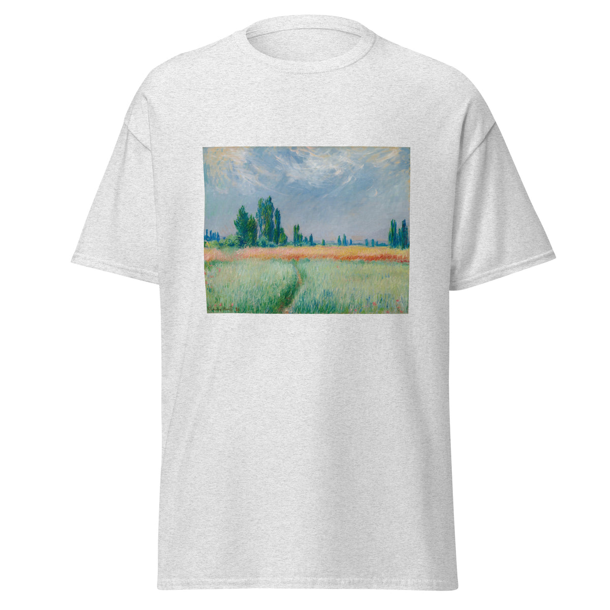 Unisex t-shirt featuring Claude Monet 'Champ De Blé' artwork, shown in Ash, front view, sizes S–5XL