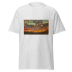 Unisex t-shirt featuring Claude Monet 'Coucher de soleil' artwork, shown in Ash, front view, sizes S–5XL