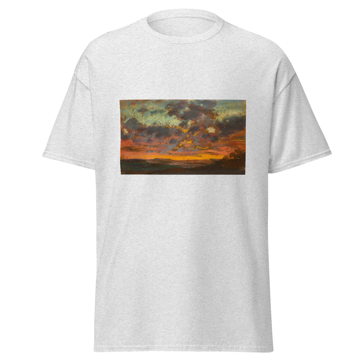 Unisex t-shirt featuring Claude Monet 'Coucher de soleil' artwork, shown in Ash, front view, sizes S–5XL