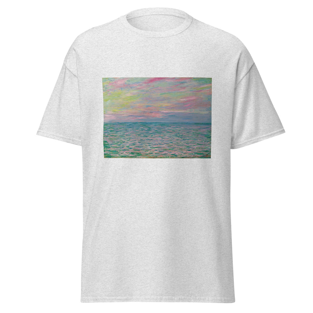 Unisex t-shirt featuring Claude Monet 'Coucher De Soleil À Pourville' artwork, shown in Ash, front view, sizes S–5XL